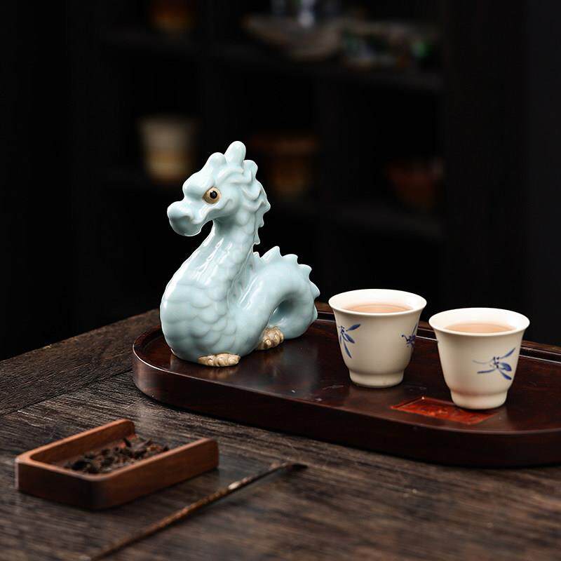 宇轩 精品汝窑流水游龙茶桌茶宠摆件可养创意开片汝瓷生肖龙摆件