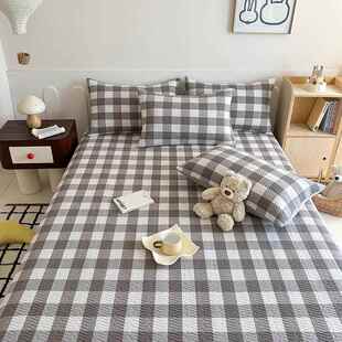 日式全棉水洗棉夹棉床盖学生格子90x200cm床单纯棉加厚被单三件套