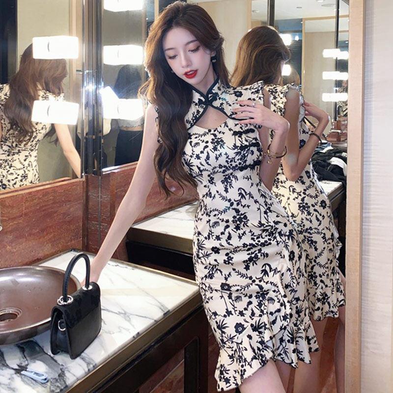 直播衣服女舞蹈主播服装年轻款性感碎花小飞袖鱼尾改良旗袍连衣裙
