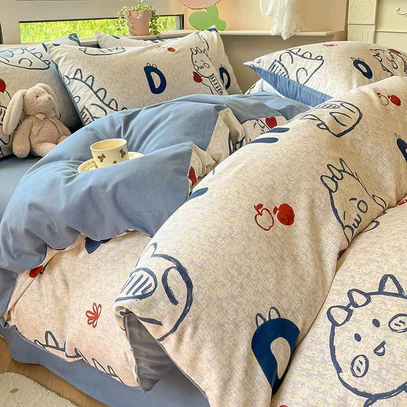 加厚四件套新款原棉磨毛秋冬床上用品家用小清新床单床笠三件套
