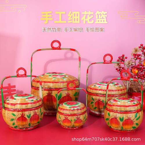 纯手工编织彩绘竹篮潮汕传统喜庆婚嫁女方用品竹制花篮竹艺摆件