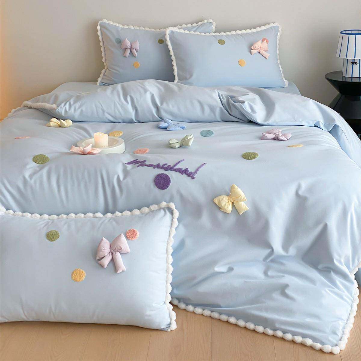 小清新少女心蝴蝶结保暖床品加厚全棉磨毛四件套