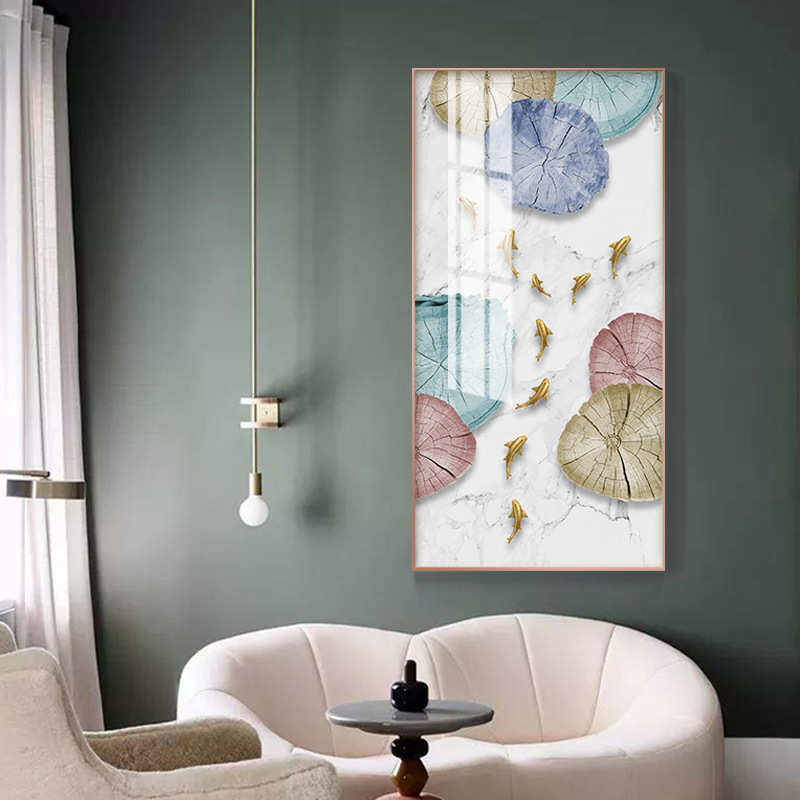 中式晶瓷画九鱼图玄关装饰画 晶瓷酒店过道挂画入户玄关画抽象画图片