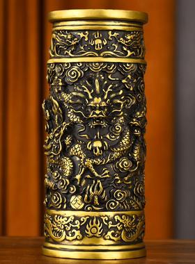 纯黄铜香筒大小号家用香桶供线香竹签香供具存香器仿古龙纹装饰摆