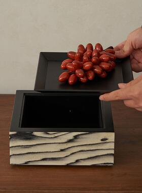 玄关梳妆台斗柜桌面软装氛围布置木质收纳盒装饰盒木纹首饰盒摆件