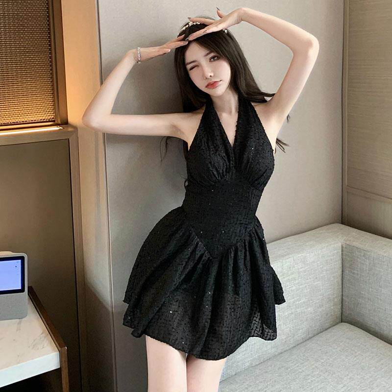 晚会优雅的小礼服短夜总会女性性感领露背蓬松系带吊带连衣裙
