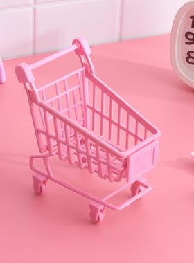 日系粉色少女心迷你购物车小推车桌面摆件粉扑收纳架拍照道具礼物