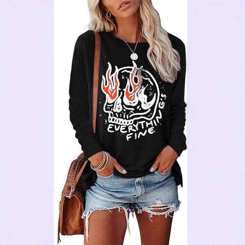 Women's Skull & Fire Graphic Print Round Neck Tee