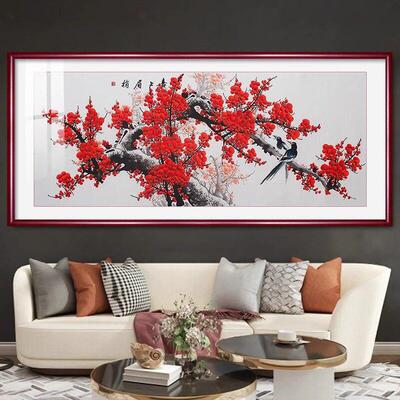 新中式喜上眉梢挂画招财红梅报春图花鸟国画客厅沙发背景墙装饰画