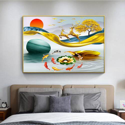 卧室床头装饰画主卧房间墙面九鱼图聚财挂画现代客厅饭厅招财壁画