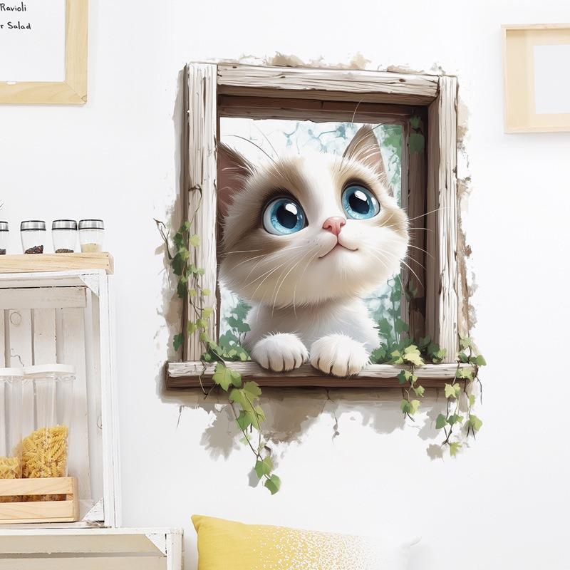 猫咪墙贴画墙壁贴纸墙面装饰温馨儿童房间布置遮丑贴画客厅背景墙图片