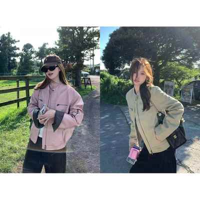 im向 曼哈顿暮色’设计感撞色拼皮粉色皮衣外套女秋季/水洗棉夹克