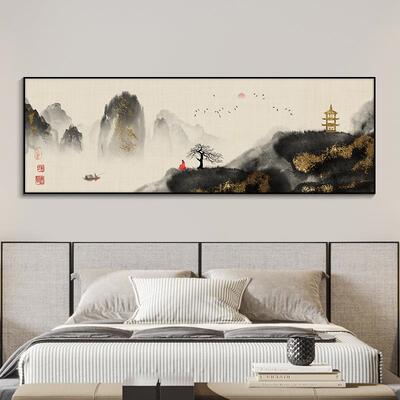 间新中画式装饰卧室床头JNM挂画水墨山水画中国横版民宿酒店房风