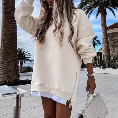 Womens Sleeve Pullover Sweatshirt Zipper Slit Casual Dress