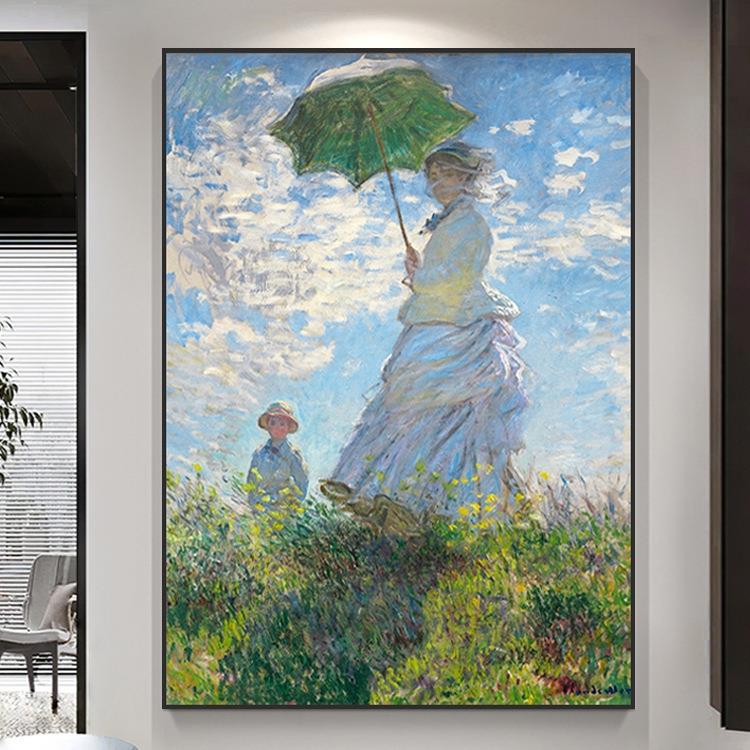 手绘油画莫奈名画撑阳伞的女子大幅玄关装饰画客厅沙发背景墙挂画
