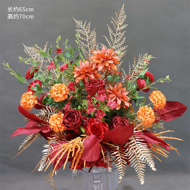 婚庆路引花红色香槟色盆花婚礼秋色花球花艺装饰布置仿真花盆道具