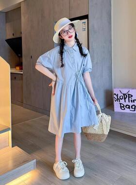 英国Next Kiss女童连衣裙夏季2025新款儿童短袖衬衫领大童棉布裙