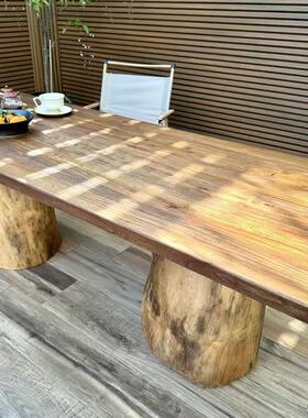 新中式老榆木餐桌方形长门板桌椅组合实木老喝茶SYX桌饭茶桌原木