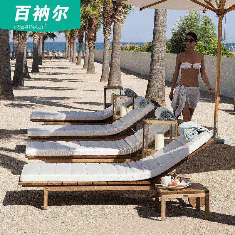 户外躺椅海边沙滩椅露天泳池躺床柚木别墅室外休闲防腐木花园躺床