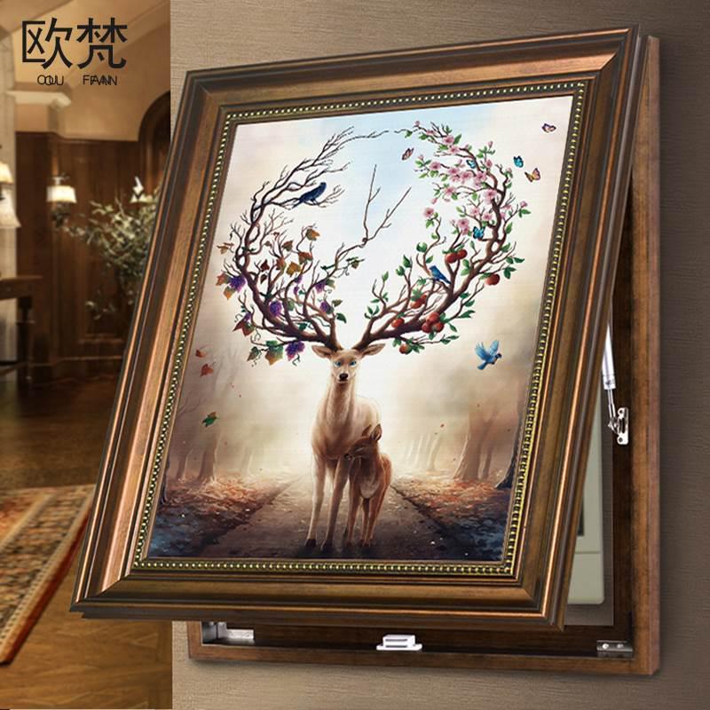 美式电表箱装饰画竖款可推拉欧式遮挡配电箱客厅挂画电源箱开关盒图片