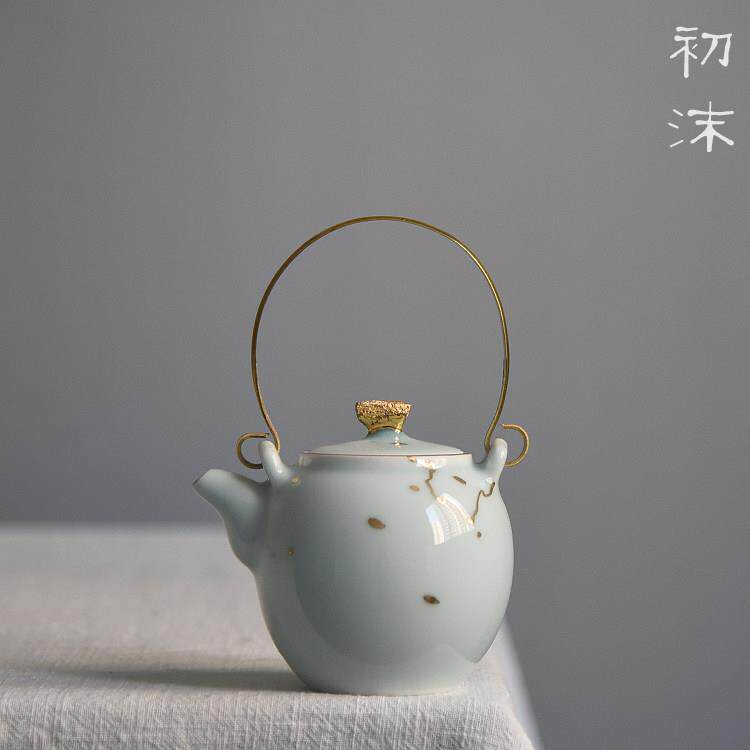 初沫陶社景德镇原创陶瓷手工描金泡茶壶影青铜提梁小茶壶功夫茶具