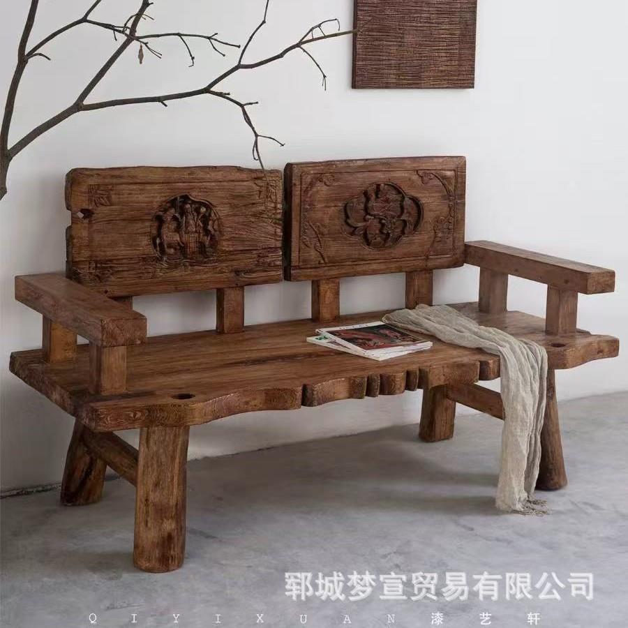 新中式老榆木贵妃榻复古三人沙发椅雕花诧寂风休息躺椅民宿靠背椅