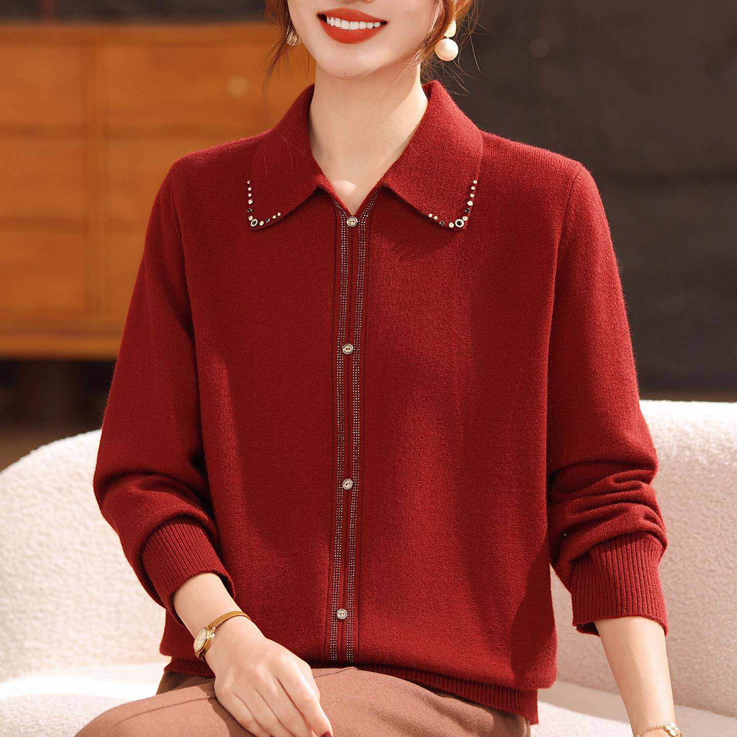 洋气妈妈春装翻领毛衣2026新款中老年女装宽松打底衫针织上衣服