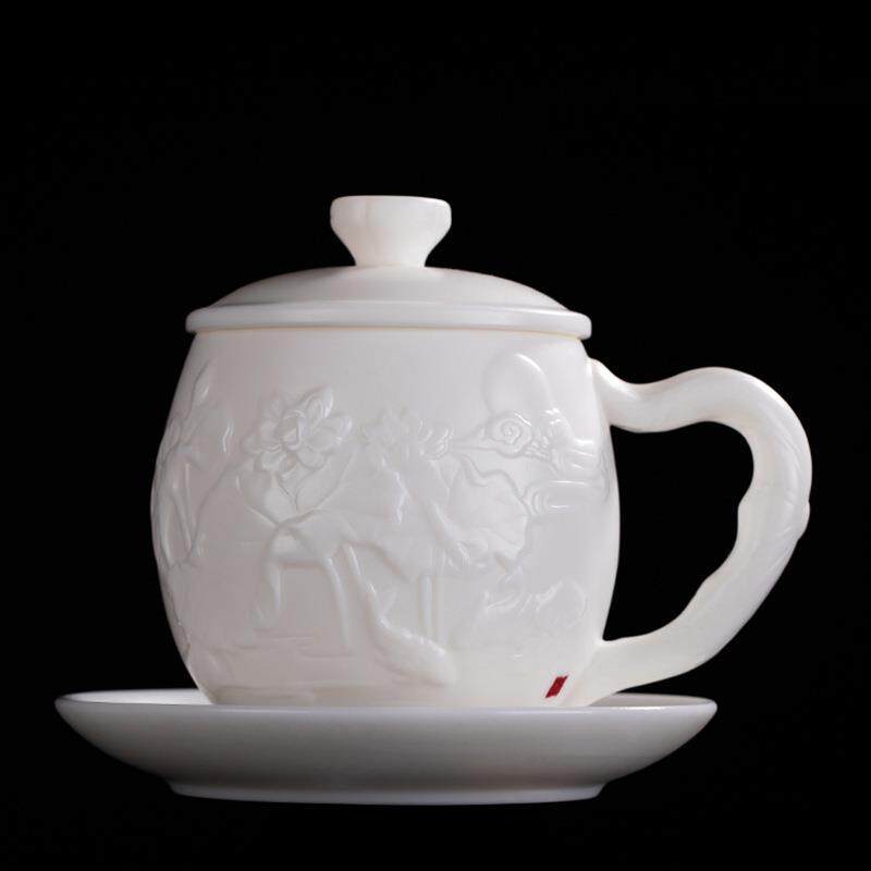 张国进手造羊脂玉陶瓷功夫泡茶杯办公室茶水分离杯会议带盖办公杯