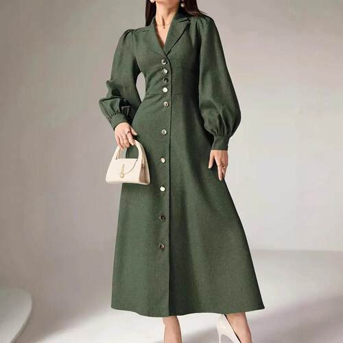 Women Color Woven Puff Sleeve Button Dress Chic Casual Wear
