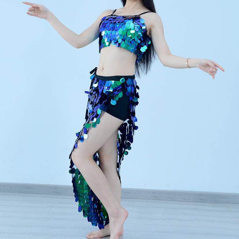 蛋片美人鱼臀巾文胸套装 肚皮舞套装肚皮舞表演演出服饰套装
