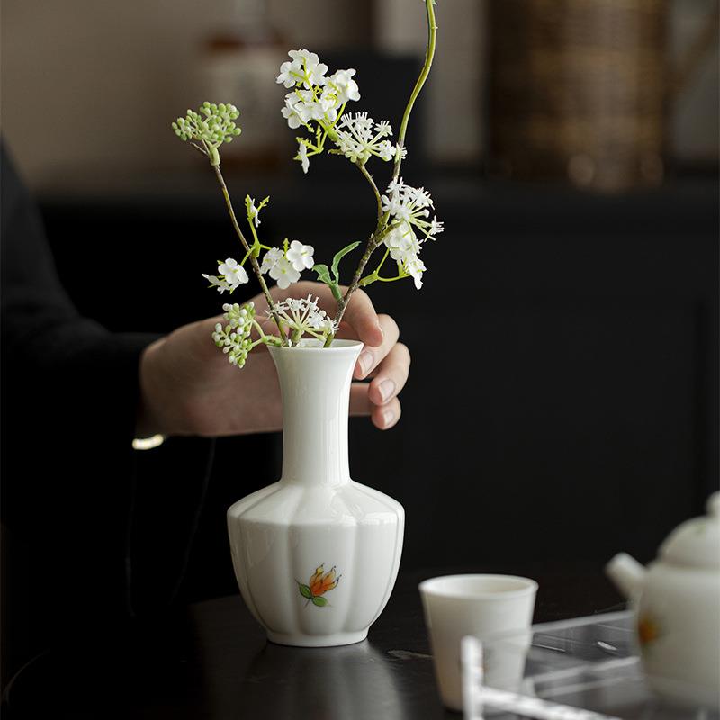 墨己玉泥白瓷手绘花艺瓶茶道配件茶室摆件陶瓷花瓶家用插花小瓶子