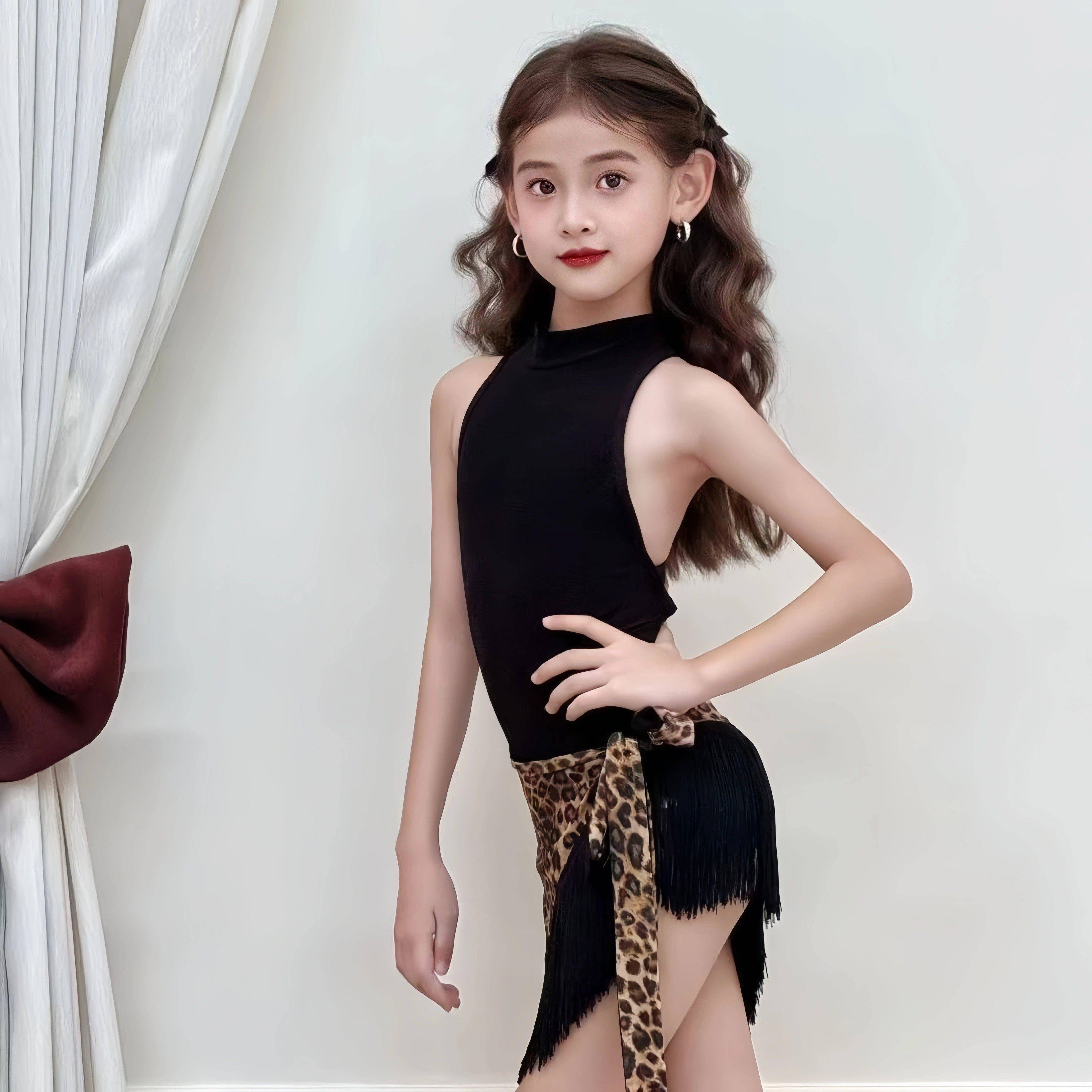 夏季无袖拉丁演出舞服女童大露背上衣两件式网红流苏豹纹包臀演出