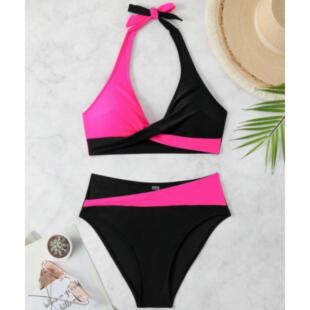 Women'S Colorblock Halter Neck Bikini Set, Summer, Fashion