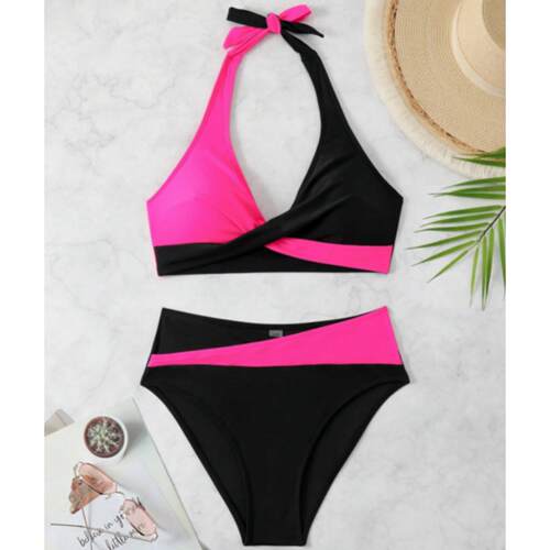 Women'S Colorblock Halter Neck Bikini Set, Summer, Fashion