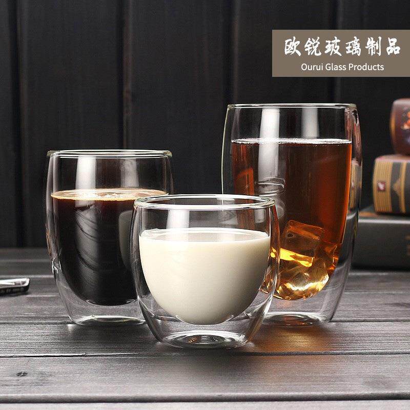 无把蛋形双层玻璃杯耐热玻璃果汁牛奶咖啡杯蛋形透明隔热茶水杯