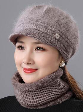 红色针织帽复古护耳紫色毛线帽加绒厚毛线帽耳帽老年人洋气柔软