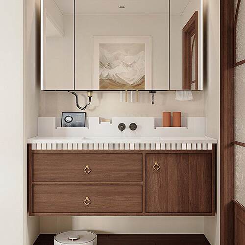 中古风浴室柜组合陶瓷一体盆高背洗漱台卫生间胡桃洗手池洗脸盆柜