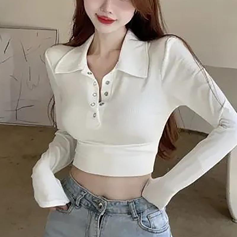 简遇luck品质女装韩版辣妹纯色上衣秋冬新款修身polo领设计感短款
