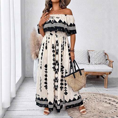 Plus Size Women Floral Off-Shoulder Slit Dress Spring/Summer