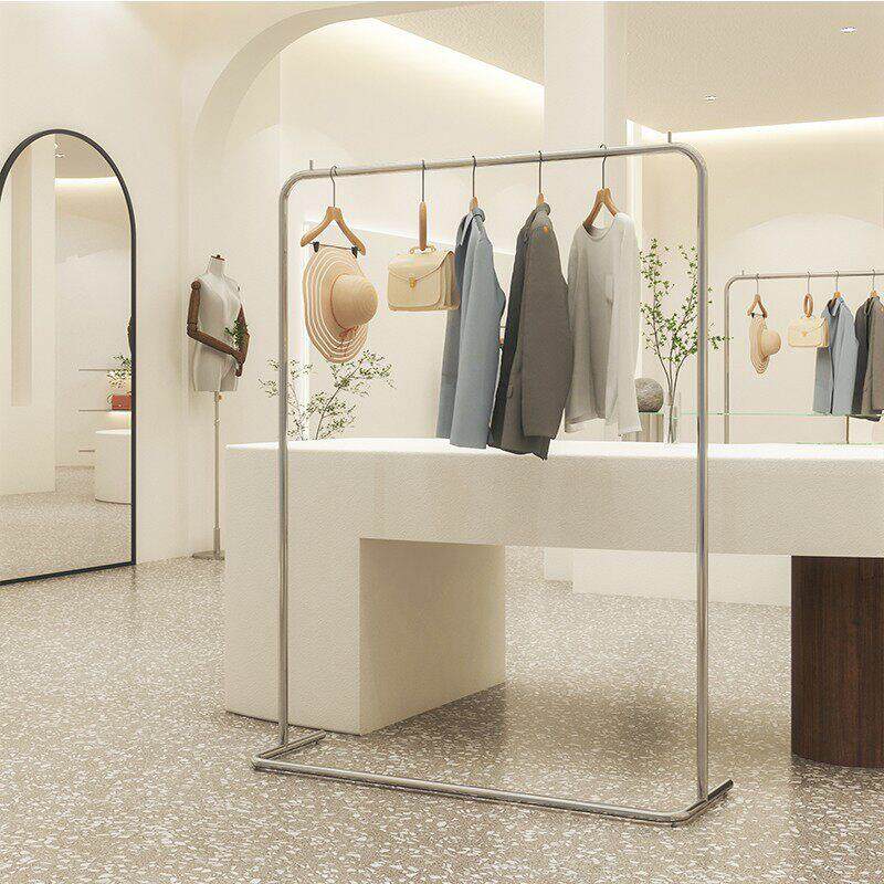 服装店挂衣架不锈钢银色陈列货架女装店简约中岛落地式展示架侧挂