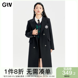 gw大码女装学院风刺绣，徽章长款西装风衣，2024春梨型微胖mm大衣