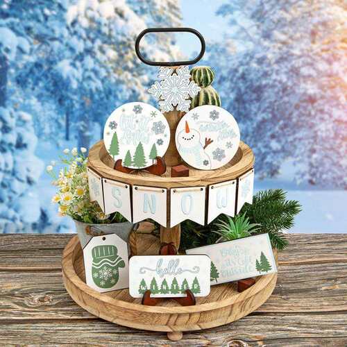 跨境SNOW标志 欢迎冬季雪人款式分层托盘装饰品 家居桌面木质摆件