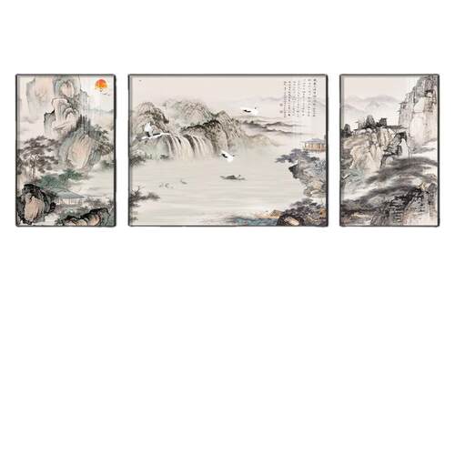 陈少梅望云楼山水画客厅三联装饰画沙发背景墙国画新中式茶室挂画
