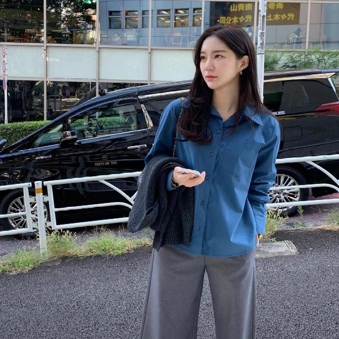 韩国NextMary复古蓝色长袖衬衫女春季高级感显瘦衬衣通勤叠穿上衣