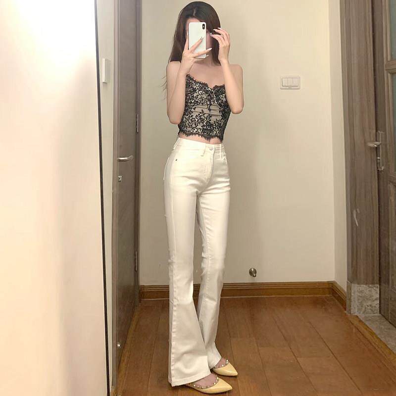 SPYB高级感轻奢白色微喇叭牛仔裤女春夏季新款九分修身弹力马蹄裤