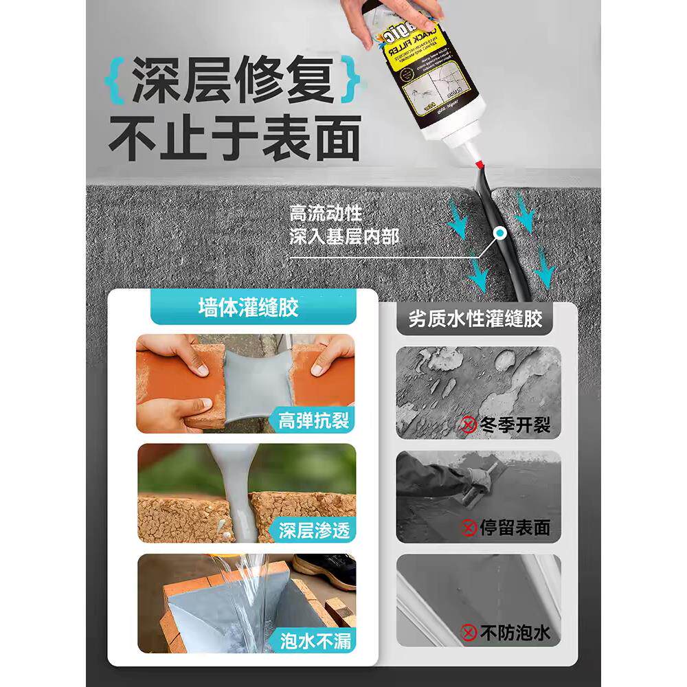 防水胶补漏裂缝渗水水泥地面裂缝修补料高强度墙体缝隙速干灌缝胶