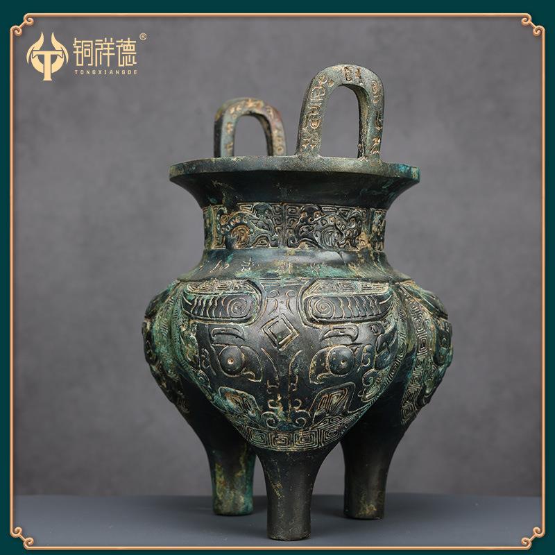 古青铜器青铜鬲鼎 商代兽面纹高腰鬲鼎工艺摆件收藏品铜祥德