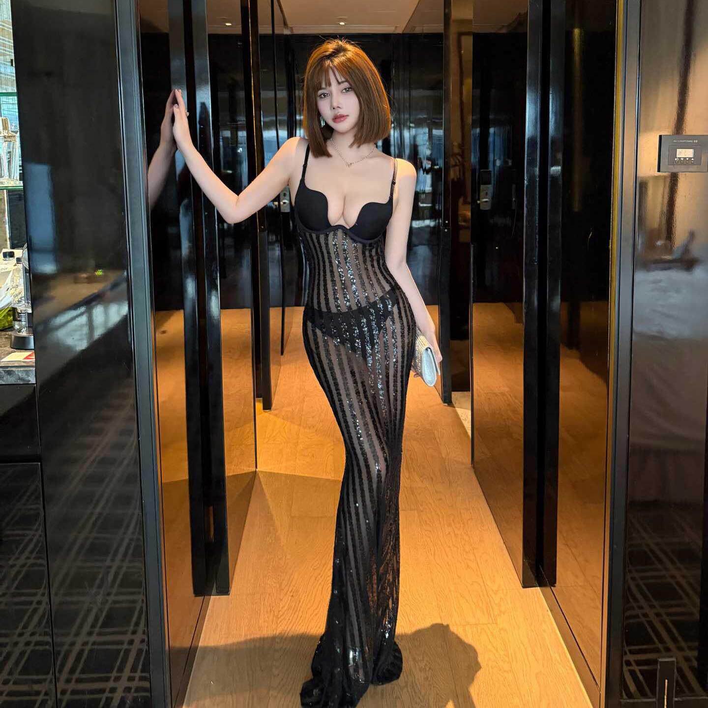 酒吧ktv文胸夜店装晚礼服女级性感名媛透视长款气质衣裙深V夜店宴