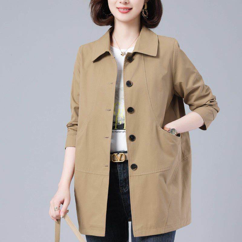 休闲单排扣风衣女中长款2026春秋韩版新款中老年妈妈宽松翻领外套