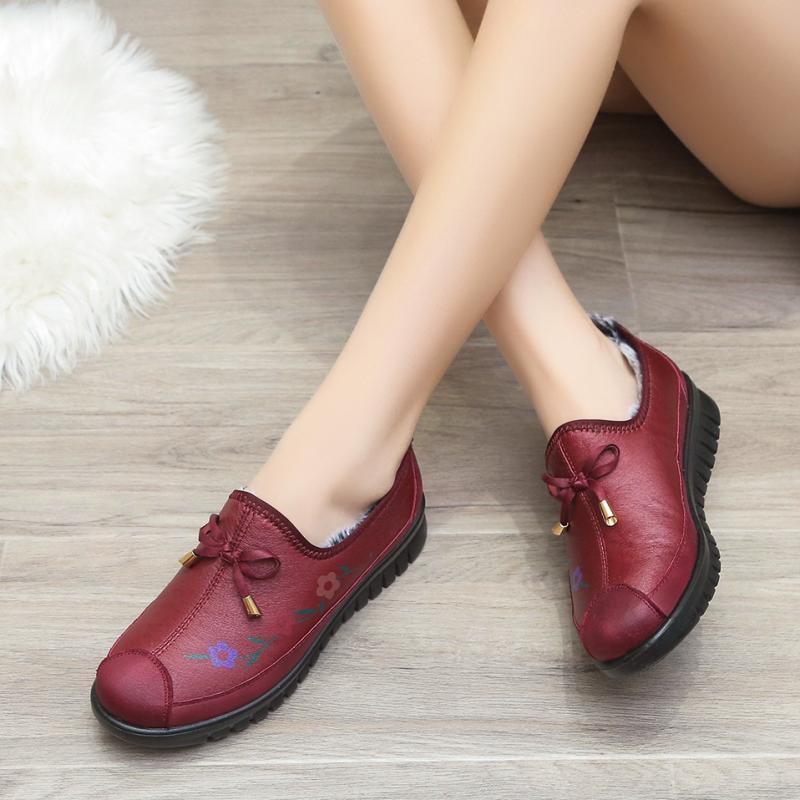 高档妈妈2棉鞋女冬加绒保人暖舒适年平底202中老年人防滑软底皮鞋